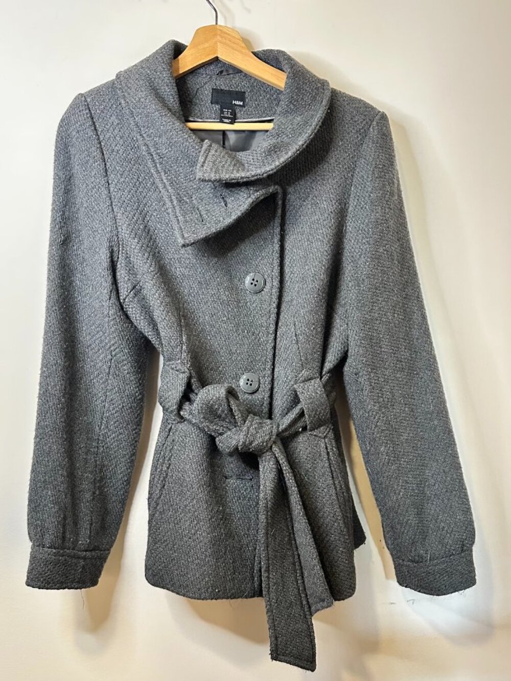 H&M Women's Long Sleeve Grey Wool Blend Belted Pea Coat US Size 14, L
